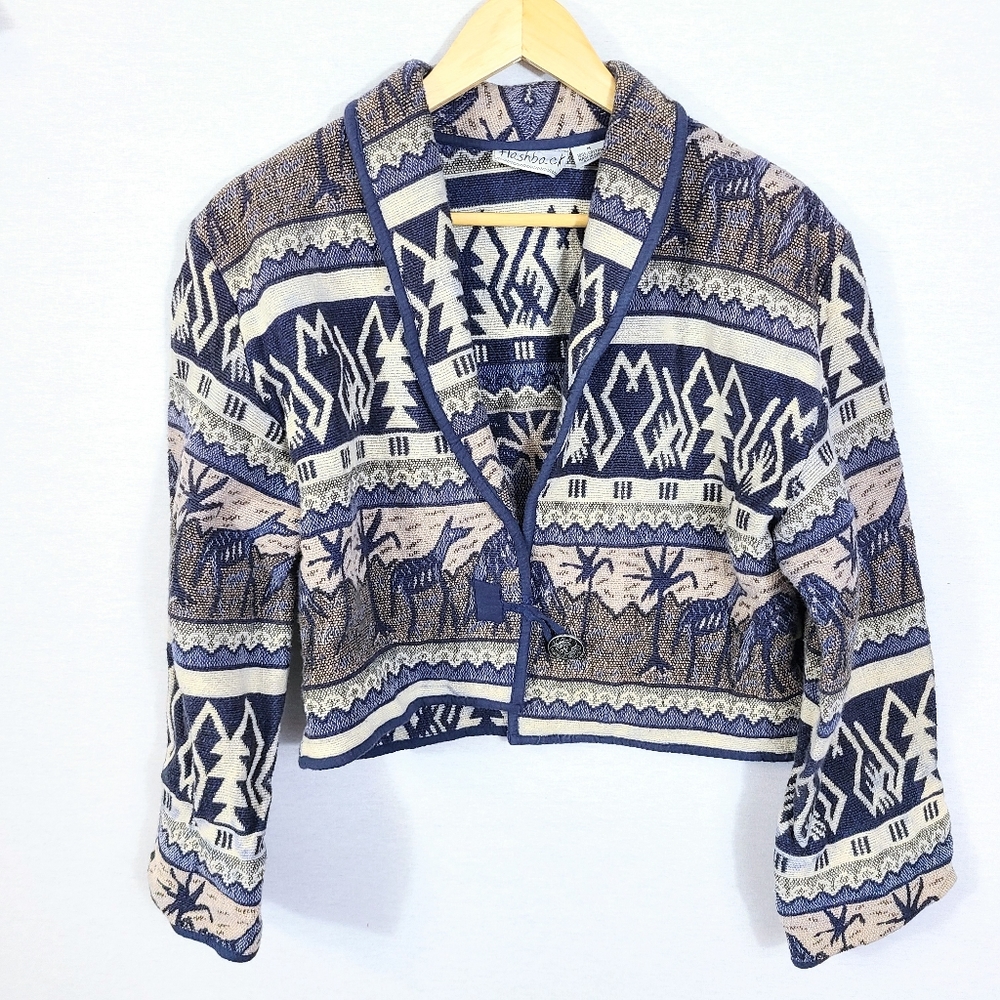 Vintage Tapestry Geometric Animal Cropped Jacket
